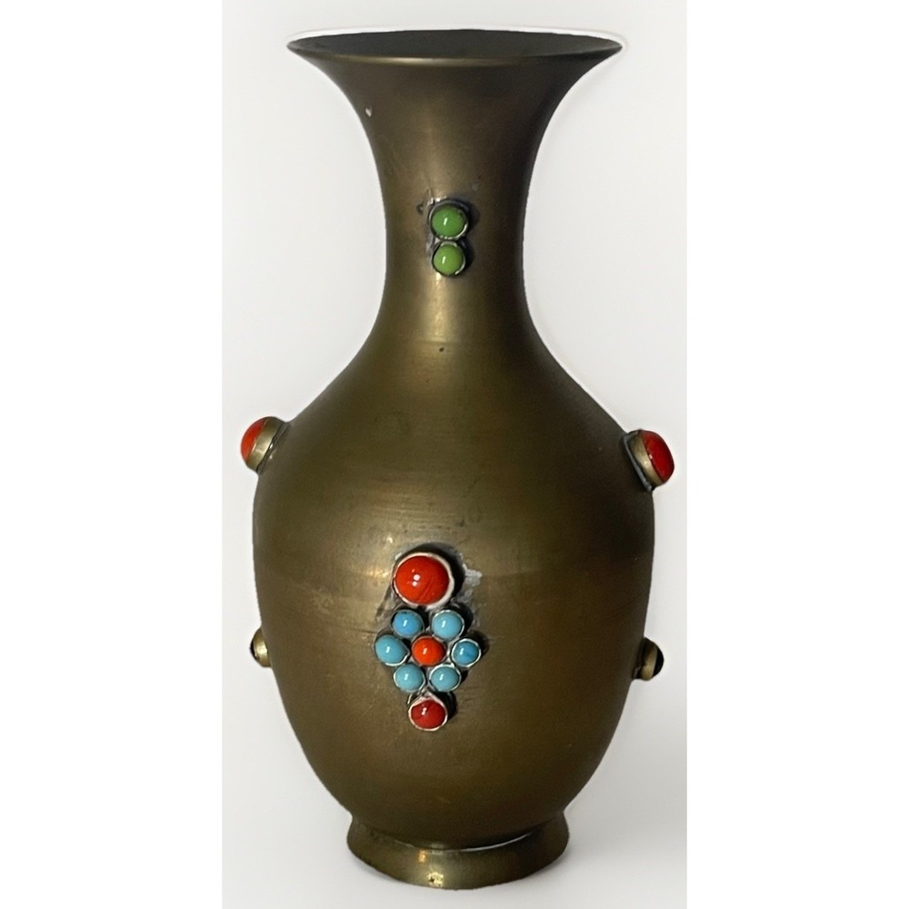Vintage India Brass Vase with Colorful Semi-Precious Stone Inlay